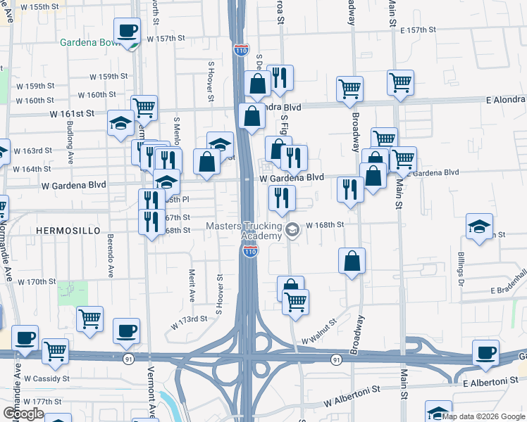 map of restaurants, bars, coffee shops, grocery stores, and more near 16701 South Denver Avenue in Gardena