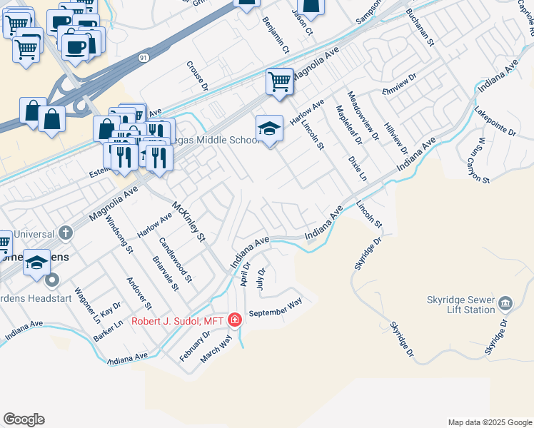 map of restaurants, bars, coffee shops, grocery stores, and more near 3541 4 Seasons Road in Riverside
