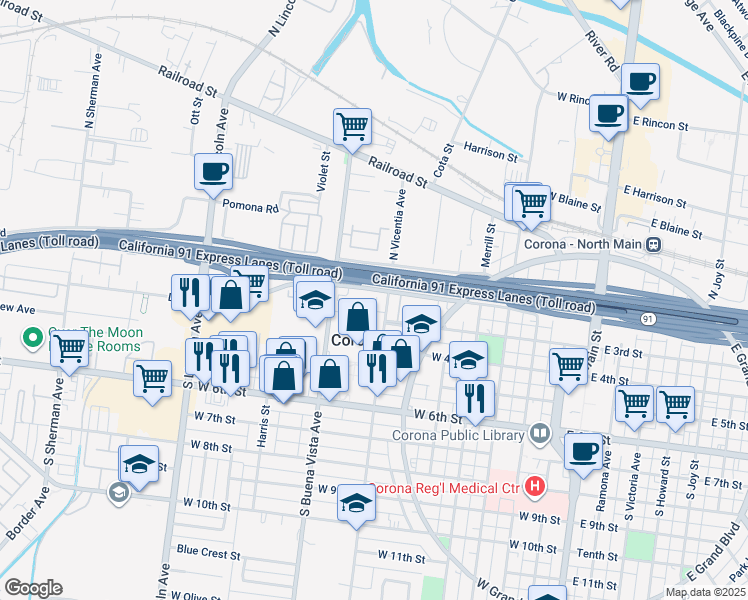 map of restaurants, bars, coffee shops, grocery stores, and more near 141 South Buena Vista Avenue in Corona