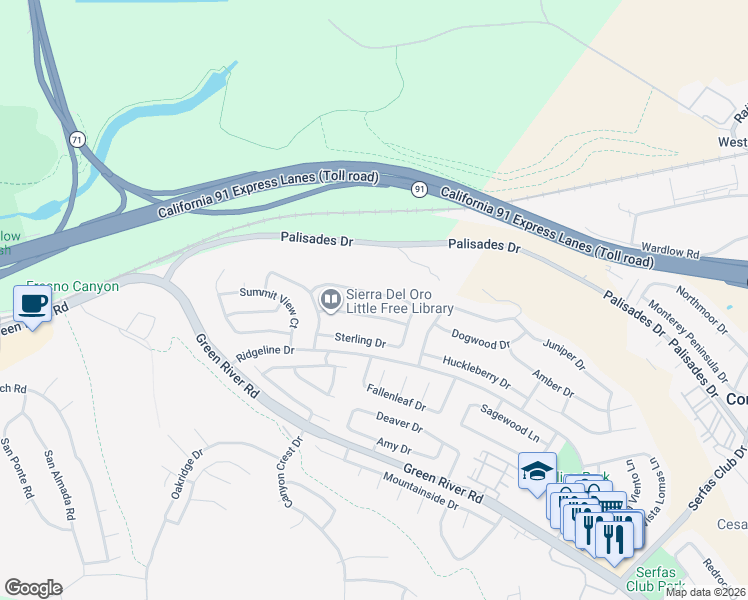 map of restaurants, bars, coffee shops, grocery stores, and more near 3271 Braemar Lane in Corona