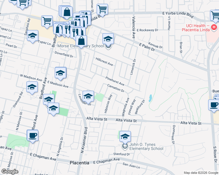 map of restaurants, bars, coffee shops, grocery stores, and more near 507 Carnation Drive in Placentia
