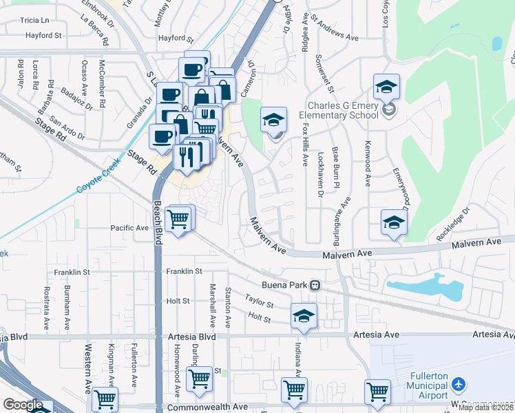 map of restaurants, bars, coffee shops, grocery stores, and more near 8182 Crowley Circle in Buena Park