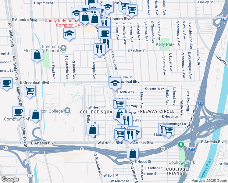 map of restaurants, bars, coffee shops, grocery stores, and more near 6968 Long Beach Boulevard in Long Beach