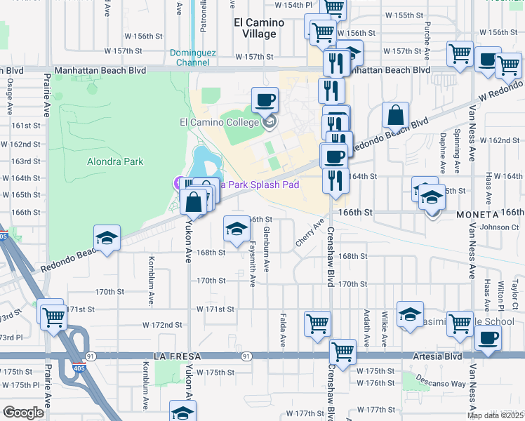 map of restaurants, bars, coffee shops, grocery stores, and more near 16501 Falda Avenue in Torrance