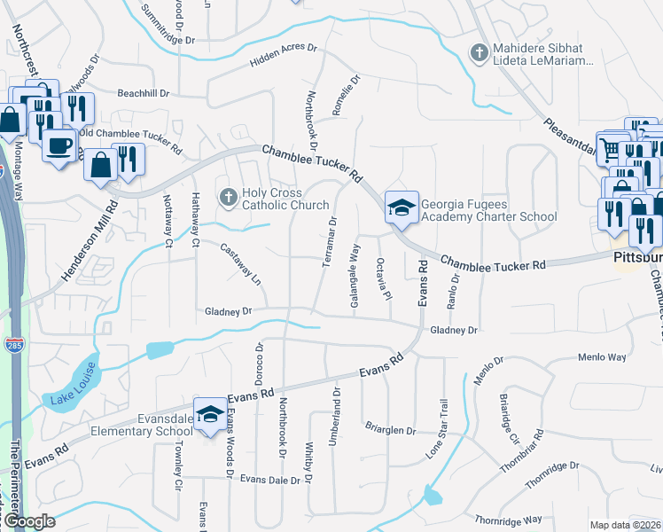 map of restaurants, bars, coffee shops, grocery stores, and more near 3120 Galangale Way in Atlanta