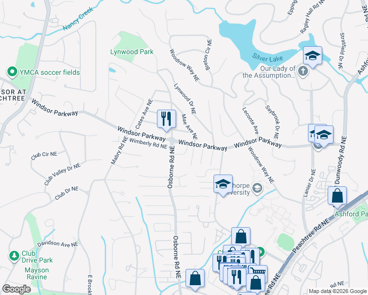 map of restaurants, bars, coffee shops, grocery stores, and more near 1182 Brookhaven Glen Northeast in Atlanta