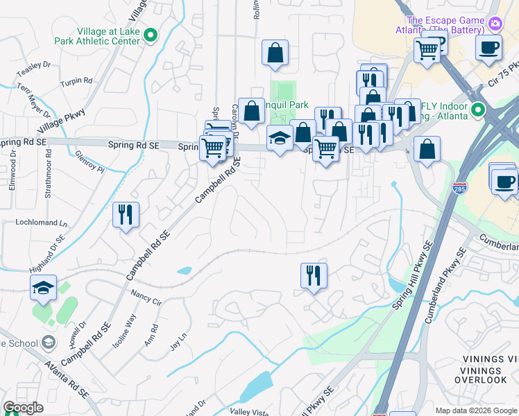 map of restaurants, bars, coffee shops, grocery stores, and more near 1213 Bickham Way Southeast in Smyrna