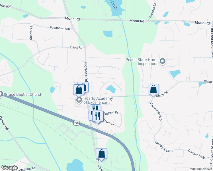 map of restaurants, bars, coffee shops, grocery stores, and more near 4877 Country Cove Way in Powder Springs