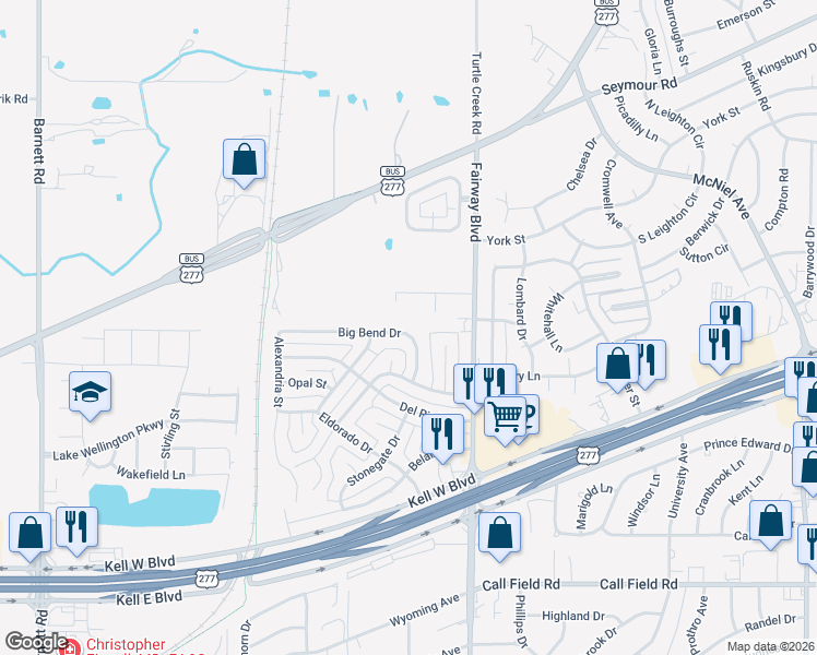 map of restaurants, bars, coffee shops, grocery stores, and more near 4816 Big Bend Drive in Wichita Falls