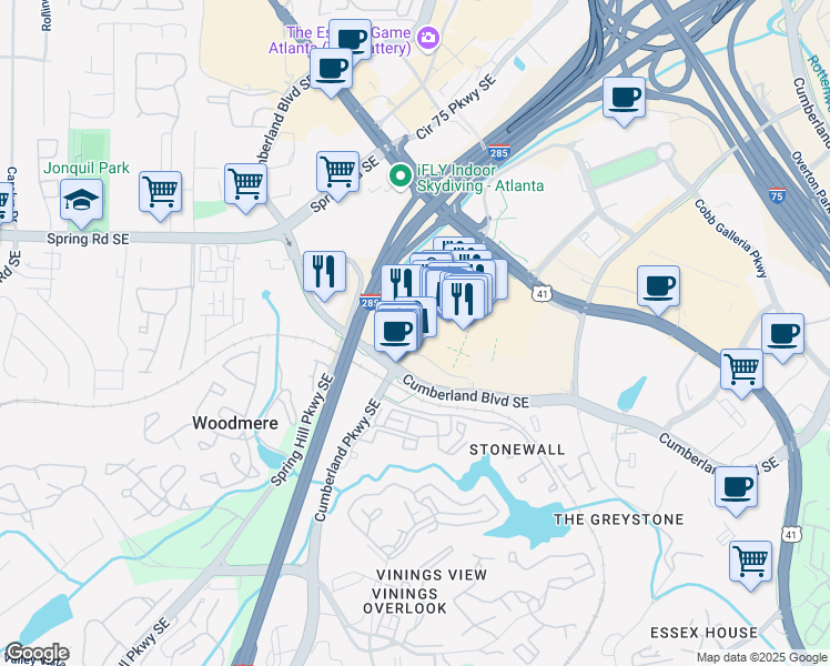 map of restaurants, bars, coffee shops, grocery stores, and more near 1325 Cumberland Mall in Atlanta