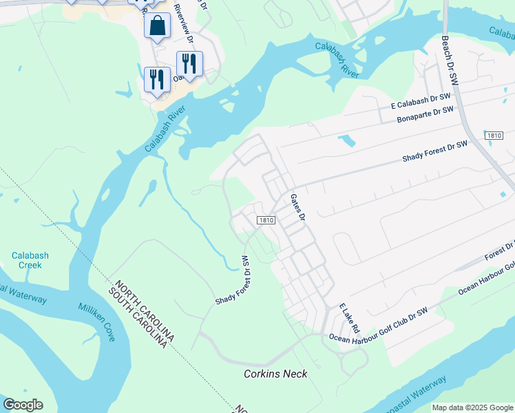 map of restaurants, bars, coffee shops, grocery stores, and more near 9213 Rivendell Place in Calabash
