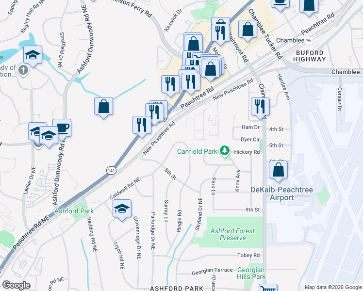 map of restaurants, bars, coffee shops, grocery stores, and more near 3140 Parkridge Crescent in Chamblee
