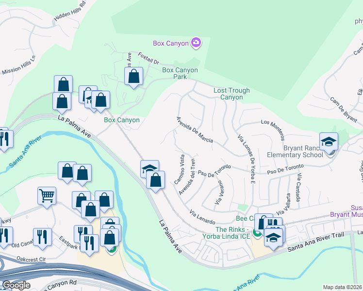 map of restaurants, bars, coffee shops, grocery stores, and more near 5340 Avenue De Michelle in Yorba Linda