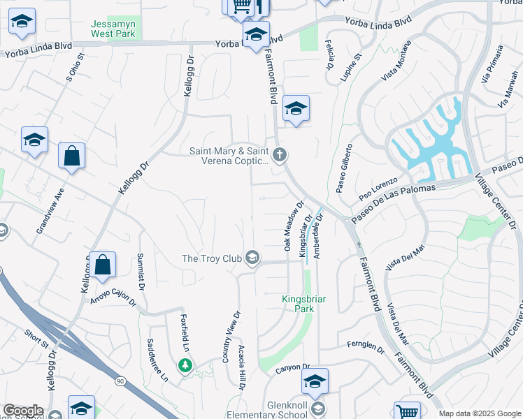 map of restaurants, bars, coffee shops, grocery stores, and more near 19661 Bluefield Plaza in Yorba Linda