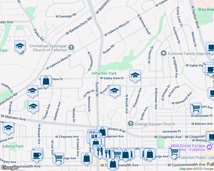map of restaurants, bars, coffee shops, grocery stores, and more near 813 West Fern Drive in Fullerton