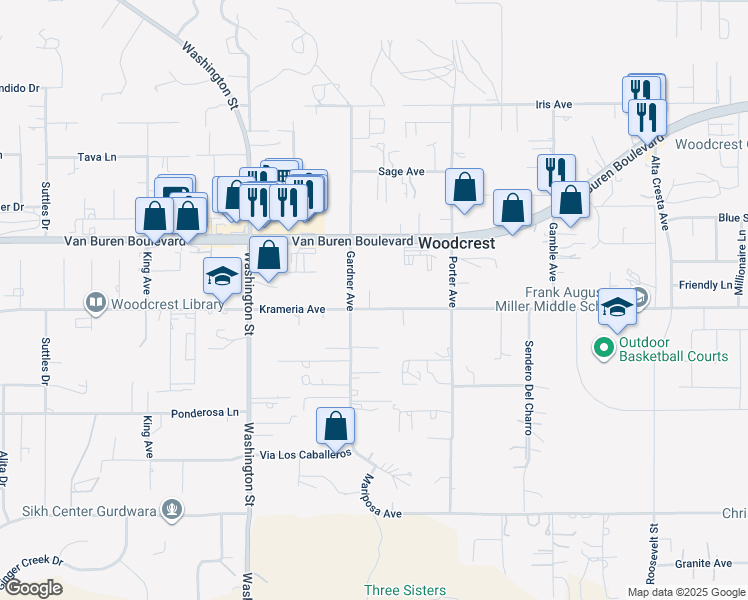 map of restaurants, bars, coffee shops, grocery stores, and more near 17306 Krameria Avenue in Riverside