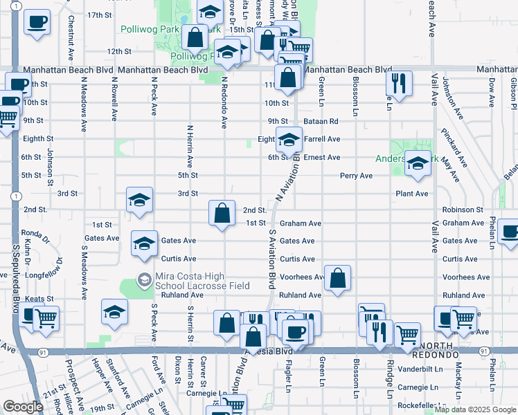 map of restaurants, bars, coffee shops, grocery stores, and more near 201 Harkness Street in Manhattan Beach