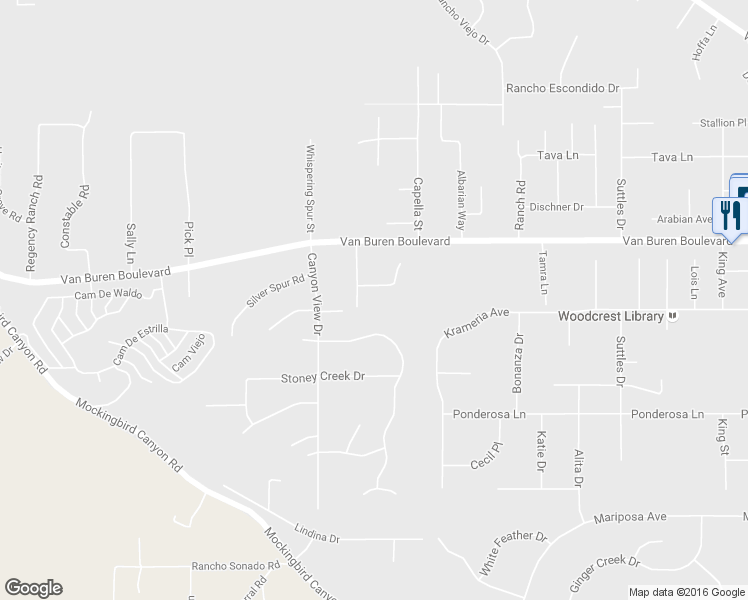 map of restaurants, bars, coffee shops, grocery stores, and more near 15901 Viewpoint Road in Riverside