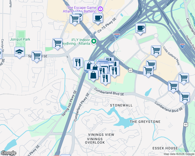 map of restaurants, bars, coffee shops, grocery stores, and more near 1374 Cumberland Mall in Atlanta