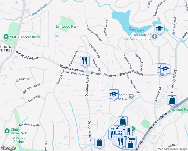 map of restaurants, bars, coffee shops, grocery stores, and more near 1182 Brookhaven Glen Northeast in Atlanta