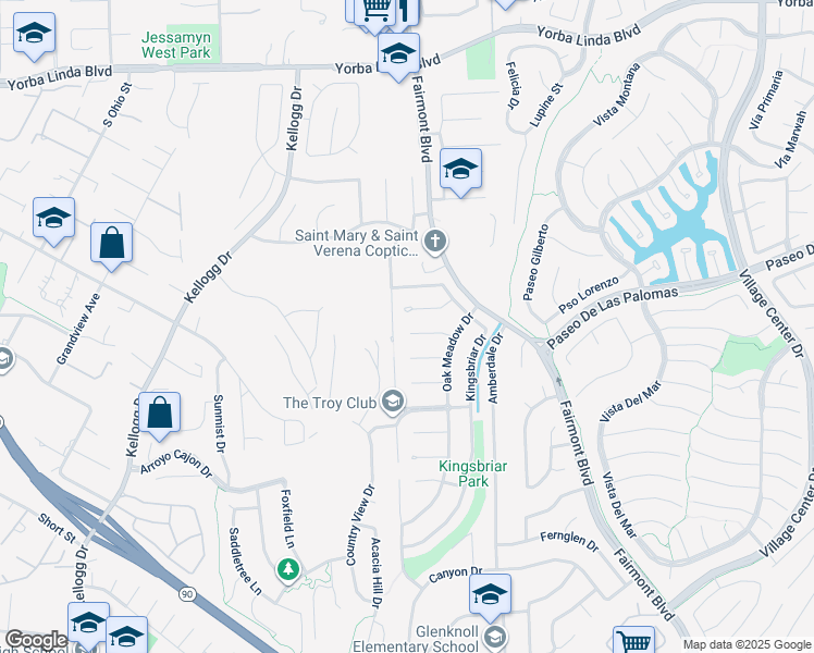 map of restaurants, bars, coffee shops, grocery stores, and more near 19661 Bluefield Plaza in Yorba Linda