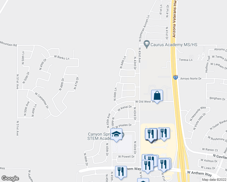 map of restaurants, bars, coffee shops, grocery stores, and more near 43526 North 44th Lane in New River