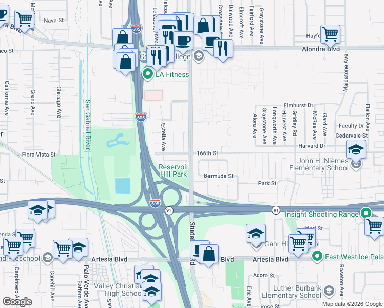map of restaurants, bars, coffee shops, grocery stores, and more near Studebaker Rd & 166th St in Cerritos