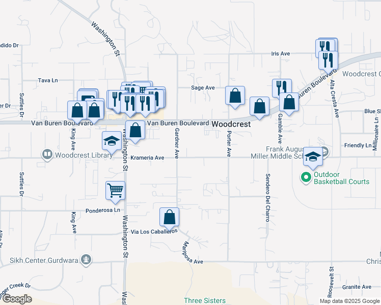 map of restaurants, bars, coffee shops, grocery stores, and more near 17306 Krameria Avenue in Riverside