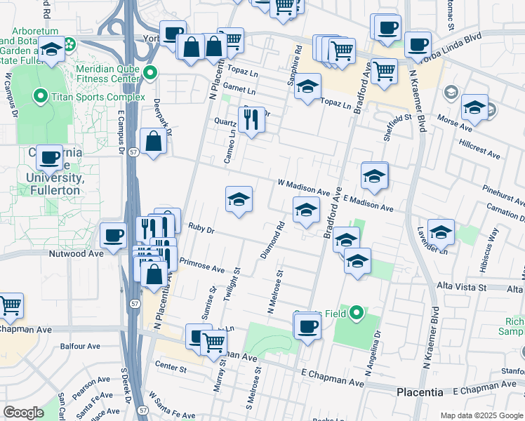 map of restaurants, bars, coffee shops, grocery stores, and more near 601 Ruby Drive in Placentia