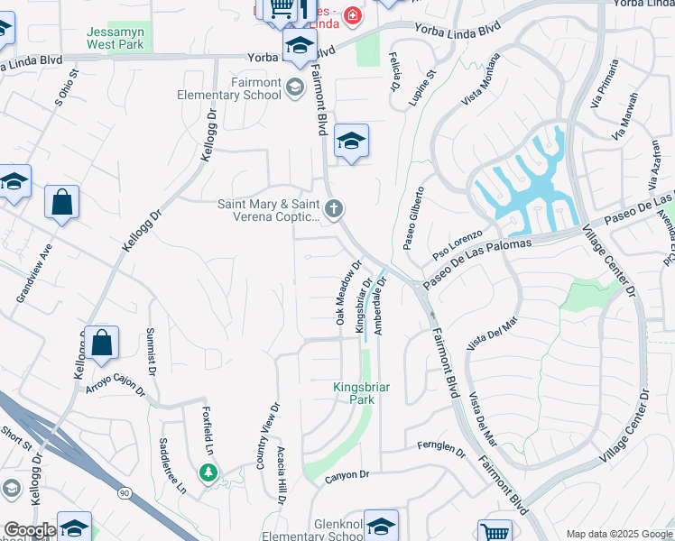 map of restaurants, bars, coffee shops, grocery stores, and more near 19751 Bluefield Plaza in Yorba Linda