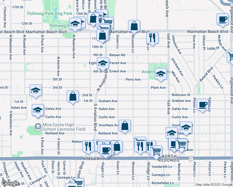 map of restaurants, bars, coffee shops, grocery stores, and more near 1919 Robinson Street in Redondo Beach