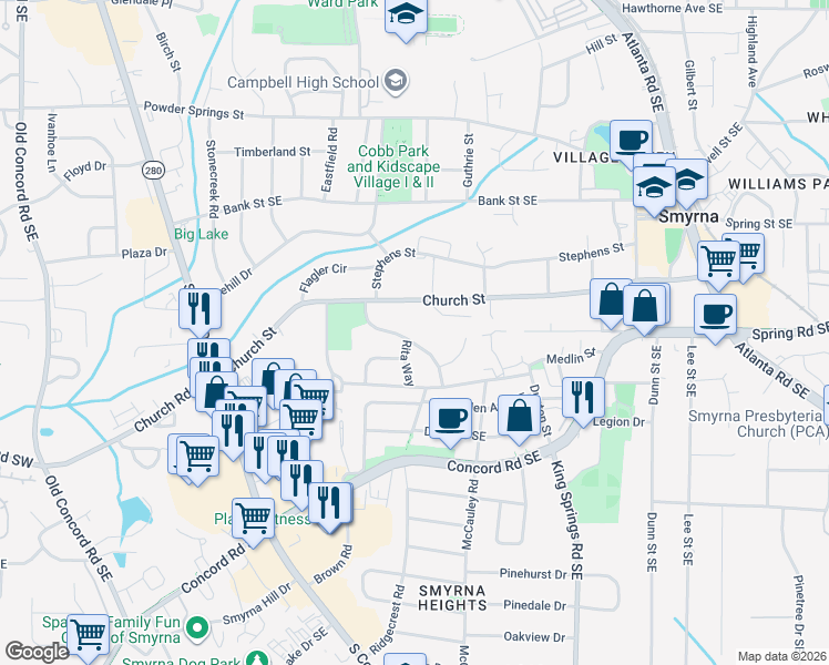 map of restaurants, bars, coffee shops, grocery stores, and more near 3071 Clifton Road in Smyrna