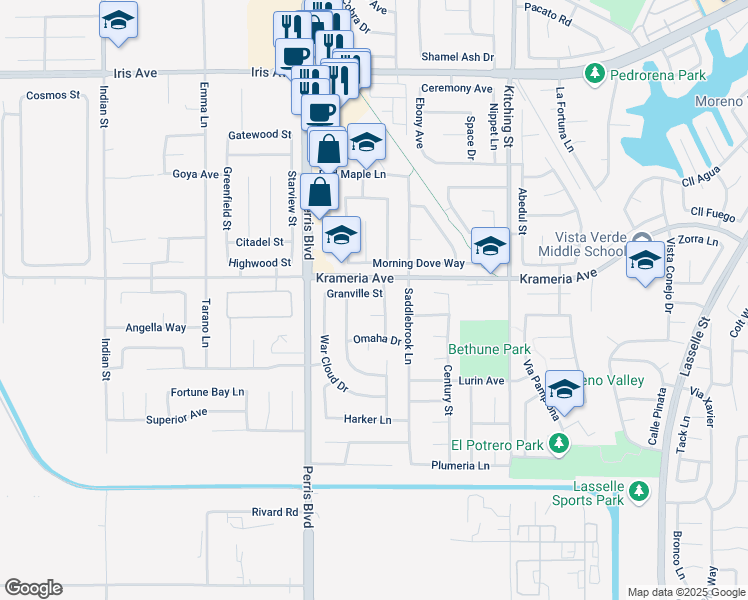 map of restaurants, bars, coffee shops, grocery stores, and more near 25156 Granville Street in Moreno Valley