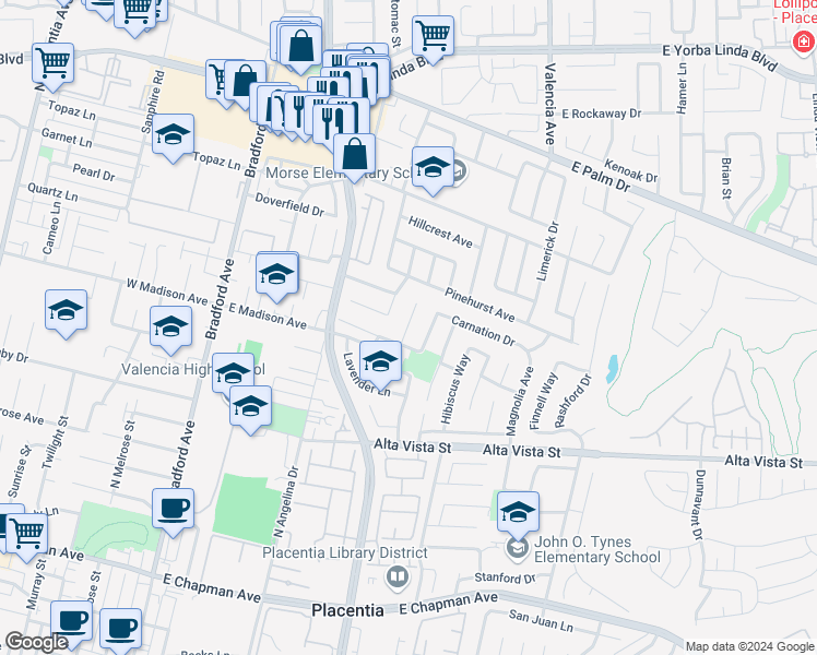 map of restaurants, bars, coffee shops, grocery stores, and more near in Placentia