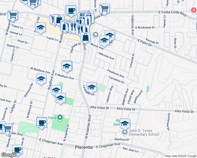 map of restaurants, bars, coffee shops, grocery stores, and more near 615 North Jensen Place in Placentia