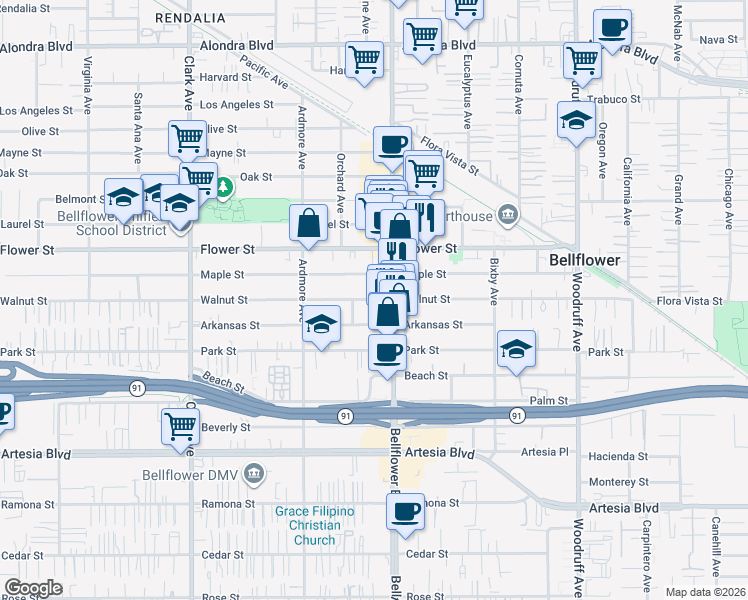 map of restaurants, bars, coffee shops, grocery stores, and more near 9727 Walnut Street in Bellflower