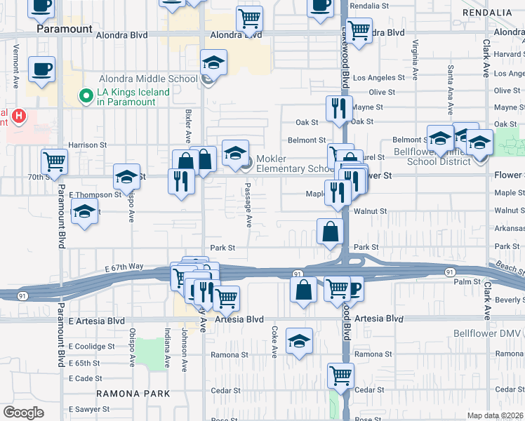 map of restaurants, bars, coffee shops, grocery stores, and more near 16858 Passage Avenue in Paramount