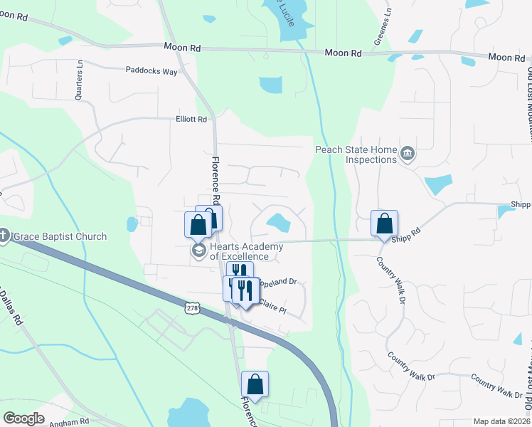 map of restaurants, bars, coffee shops, grocery stores, and more near 4877 Country Cove Way in Powder Springs