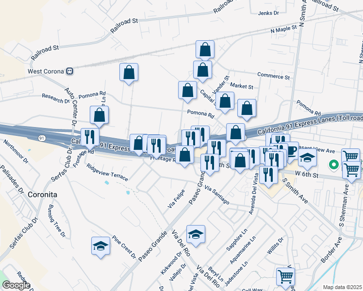 map of restaurants, bars, coffee shops, grocery stores, and more near Riverside Freeway in Corona