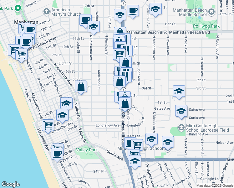map of restaurants, bars, coffee shops, grocery stores, and more near 200 Larsson Street in Manhattan Beach