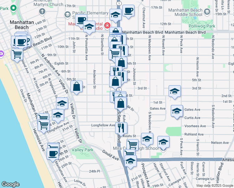 map of restaurants, bars, coffee shops, grocery stores, and more near 207 North Sepulveda Boulevard in Manhattan Beach
