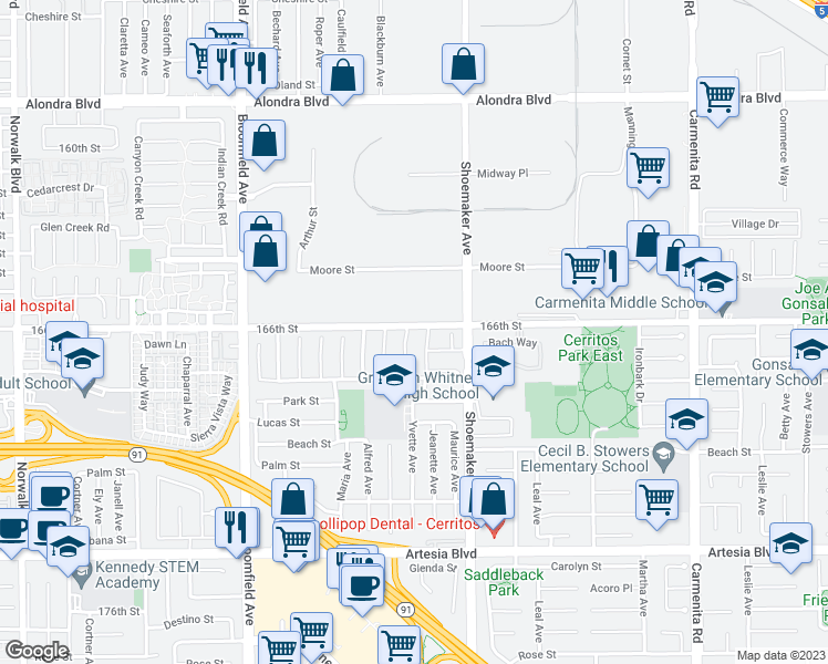 map of restaurants, bars, coffee shops, grocery stores, and more near 16602 Yvette Way in Cerritos