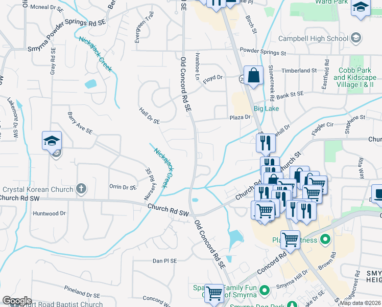 map of restaurants, bars, coffee shops, grocery stores, and more near 1397 Poplar Pointe in Smyrna