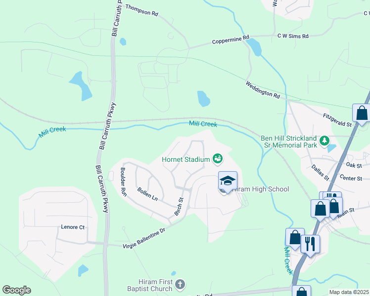 map of restaurants, bars, coffee shops, grocery stores, and more near 348 Baywood Way in Hiram