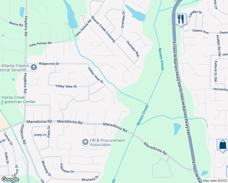 map of restaurants, bars, coffee shops, grocery stores, and more near 3017 Valley View Drive in Powder Springs