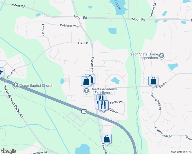 map of restaurants, bars, coffee shops, grocery stores, and more near 3040 Hopeland Drive in Powder Springs