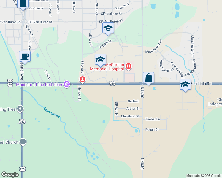 map of restaurants, bars, coffee shops, grocery stores, and more near 1104 Lincoln Road in Idabel