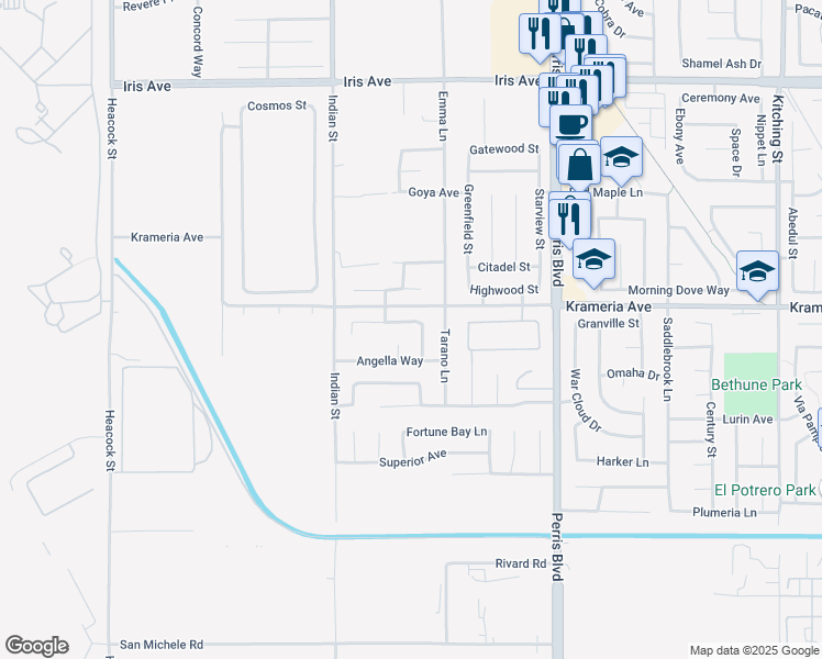 map of restaurants, bars, coffee shops, grocery stores, and more near 24625 Polaris Drive in Moreno Valley