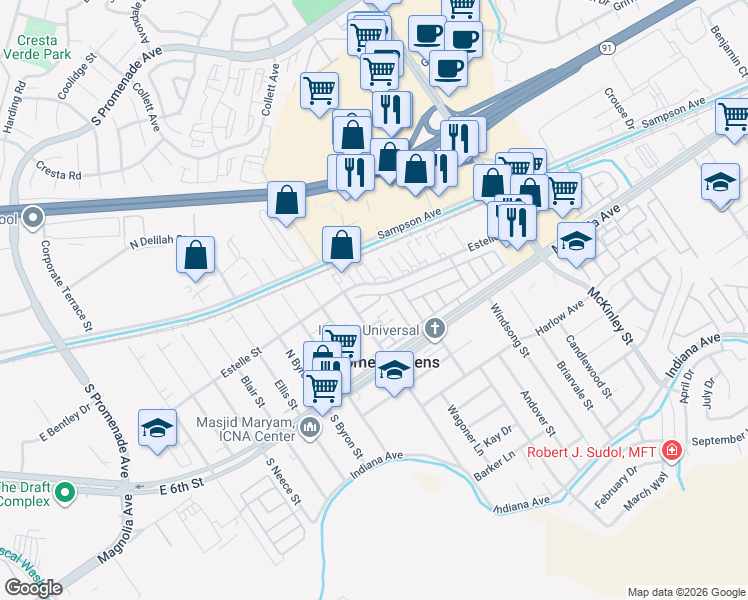map of restaurants, bars, coffee shops, grocery stores, and more near 3970 Grant Street in Corona
