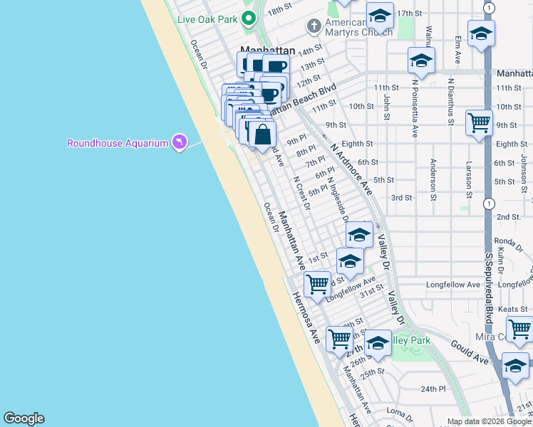 map of restaurants, bars, coffee shops, grocery stores, and more near 508 The Strand in Manhattan Beach